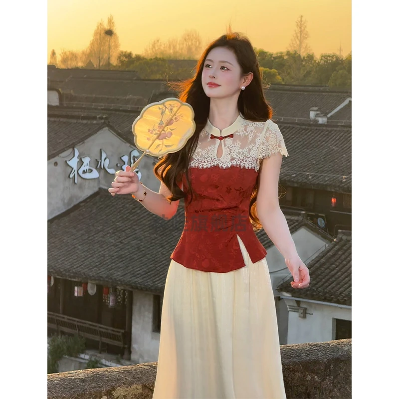 【墨染两件套新中式】2025夏新品蕾丝拼接仙气小衫半身裙