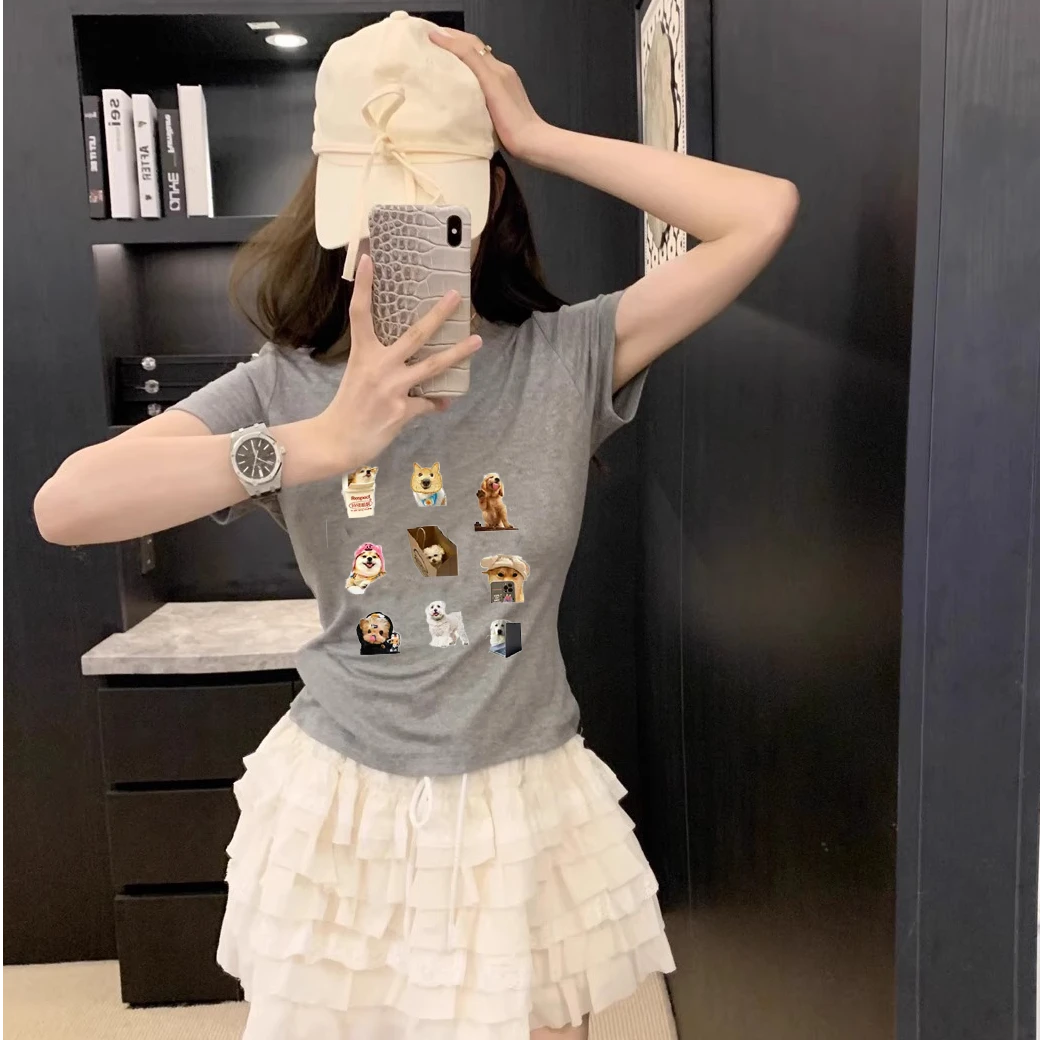 短袖t恤女夏季2025新款潮流宽松可爱甜美设计感印花半袖体恤上衣