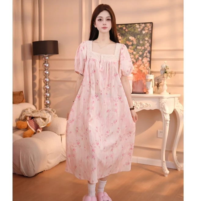 【甜腻玫瑰】睡衣女棉裙子宽松甜美大码时尚休闲睡衣QQ