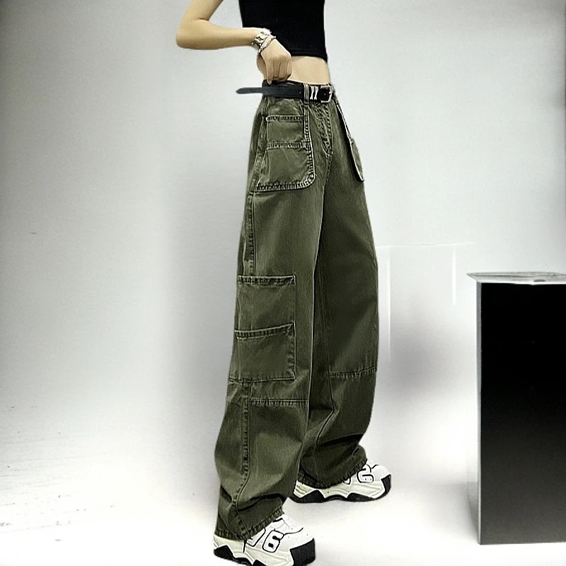 潮牌个性帅气2025年流行网红高腰宽松显瘦直筒口袋休闲牛仔长裤女