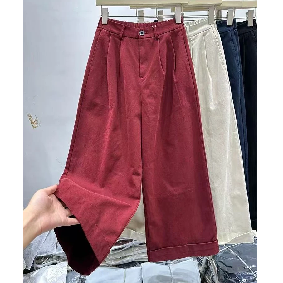 8131红色大阔腿裤宽松卷边