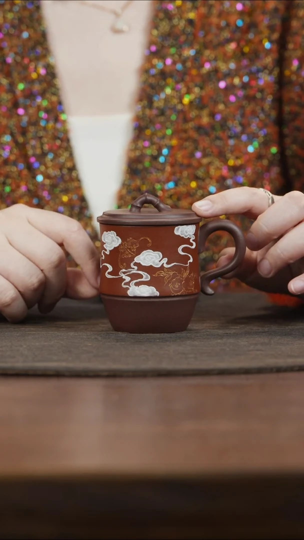 【闪购商品】紫砂茶叶罐竹节钮朱泥泥绘祥云盖杯
