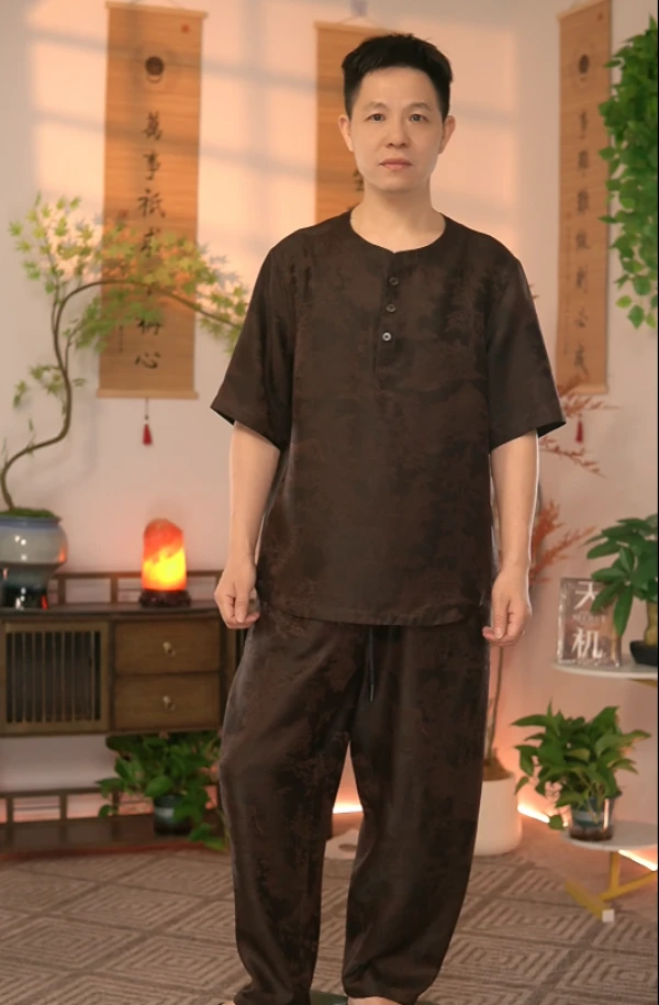 香云纱夏季男士花萝森林豹长裤时尚套装