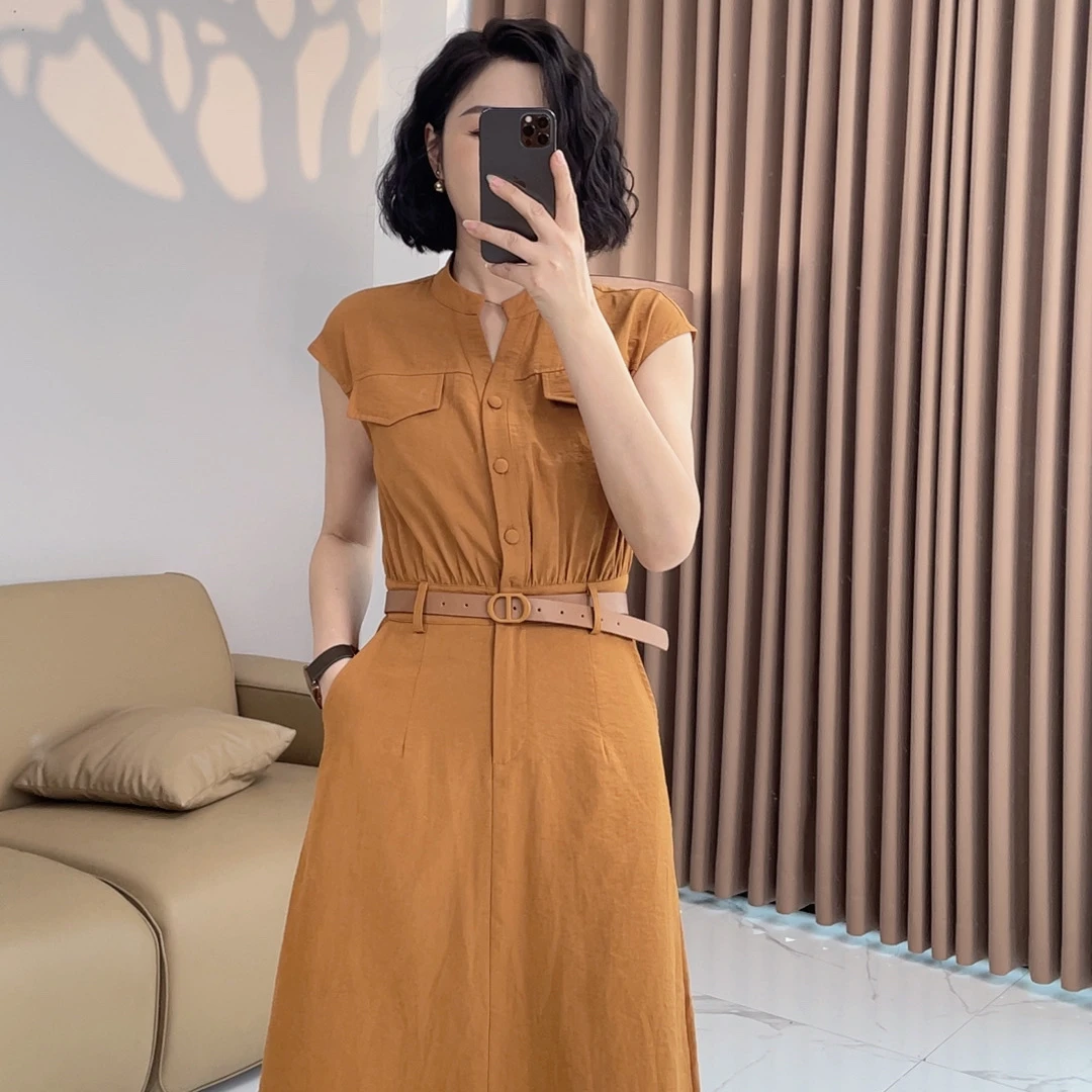 夏季减龄气质收腰显瘦长裙女飞飞袖中长款下摆开衩连衣裙