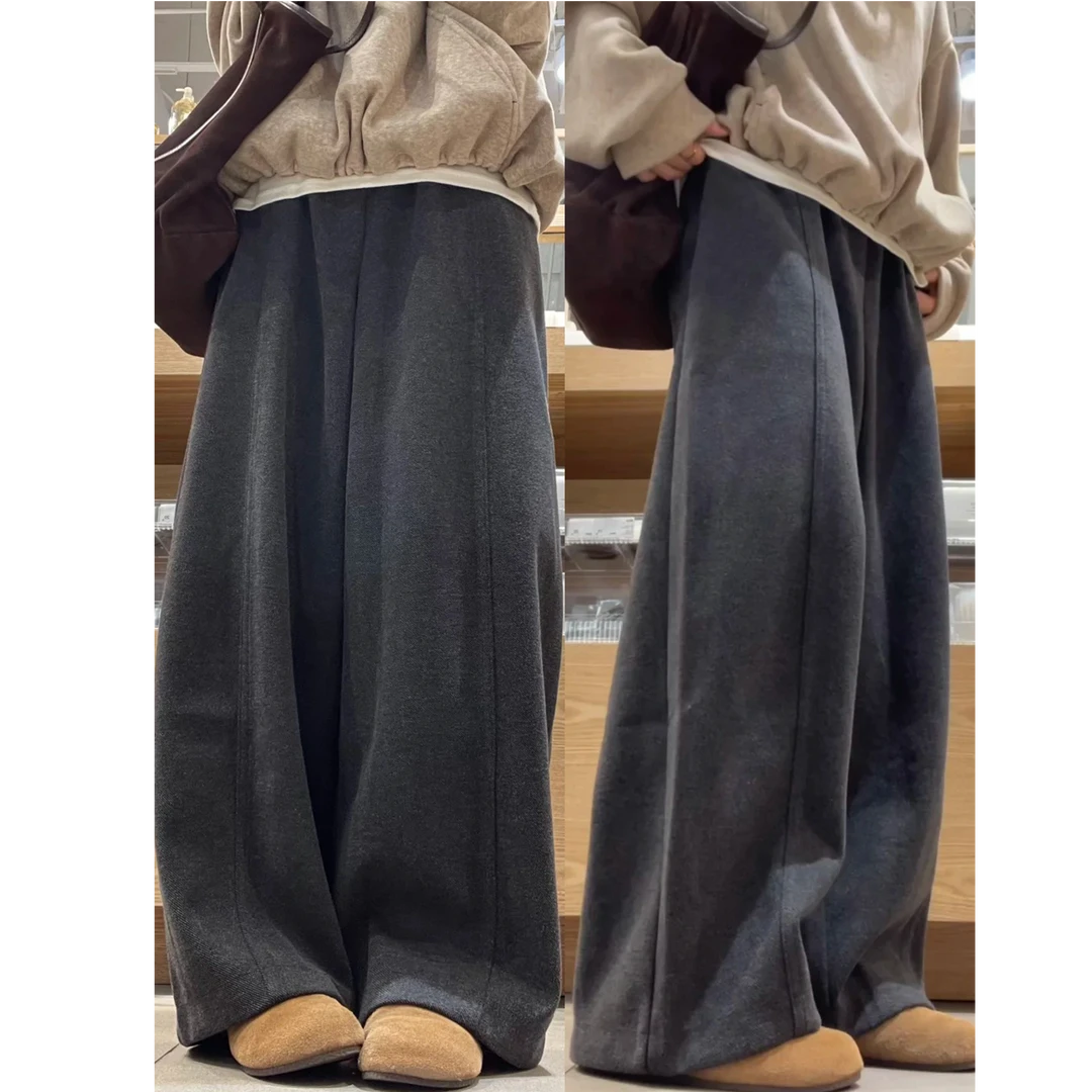 灰色垂感阔腿裤女秋冬加厚毛呢裤大码胖mm显瘦小个子直筒休闲裤子