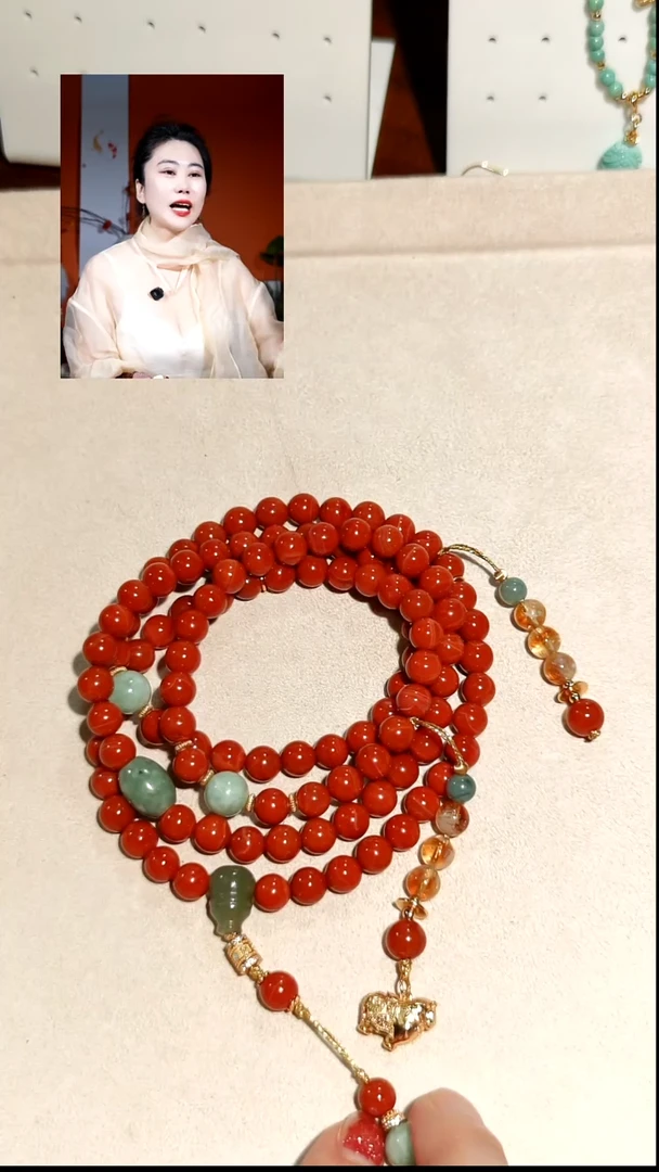 银S925镶嵌108颗柿子红南红玛瑙多宝