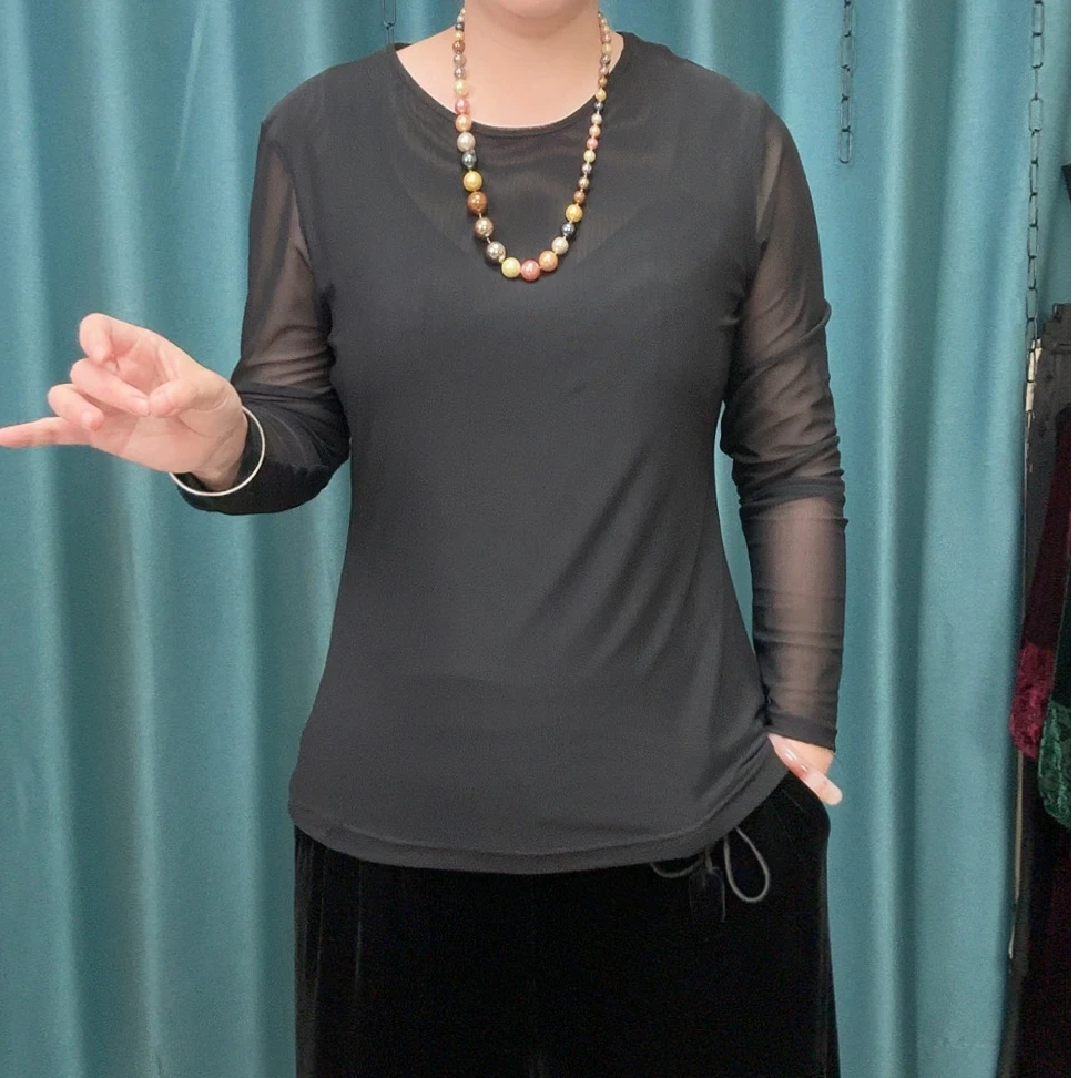 新款显瘦薄款黑色时尚网纱修身打底小衫百搭上衣打底衫洋气长袖