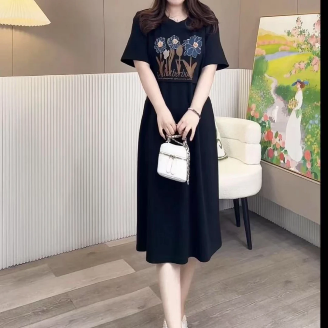 【薇筱清浪漫款】女装大码圆领短袖连衣裙休闲百搭时尚洋气显瘦遮肉