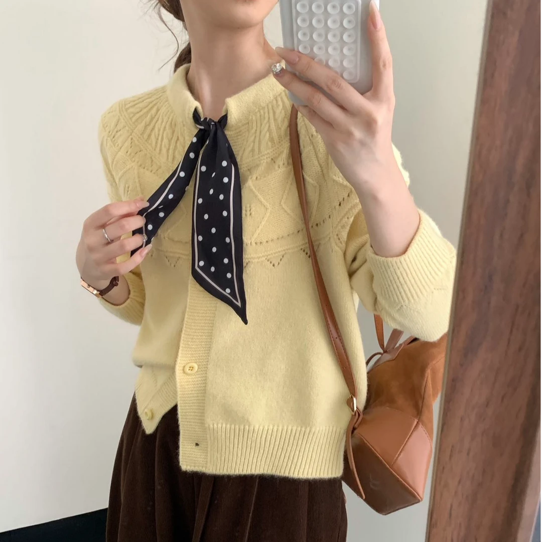 法式温柔风百搭设计感秋季毛针织衫宽松型女圆领丝巾领结开衫外套