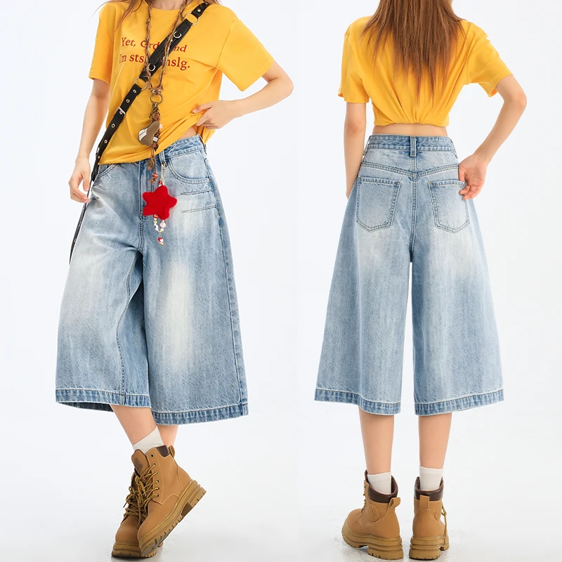 美式辣妹浅蓝直筒七分牛仔裤女夏季复古中裤高腰宽松显瘦阔腿裤子