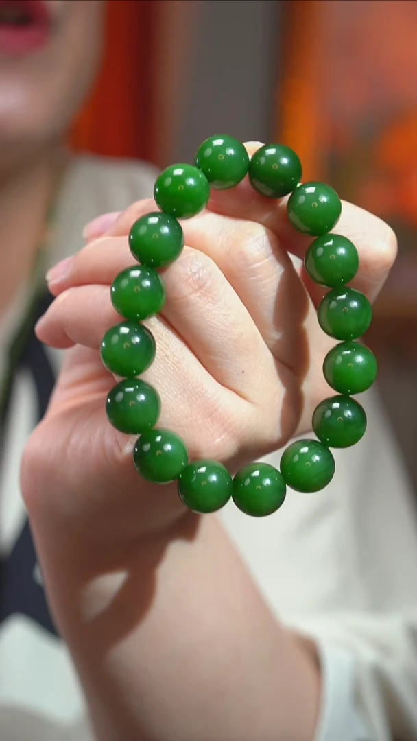 手链未镶嵌和田玉KT25052041-菠菜绿猫眼藏收级碧玉手串12mm