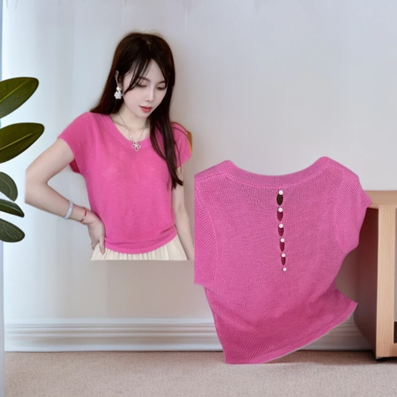 轻熟风后背镂空洋气冰丝针织衫百搭漂亮短袖显瘦上衣2025夏季小衫