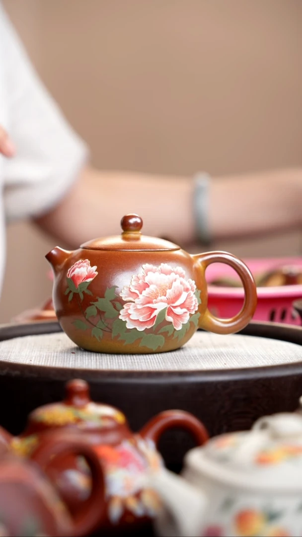 茶壶紫砂柴烧西施泥绘牡丹