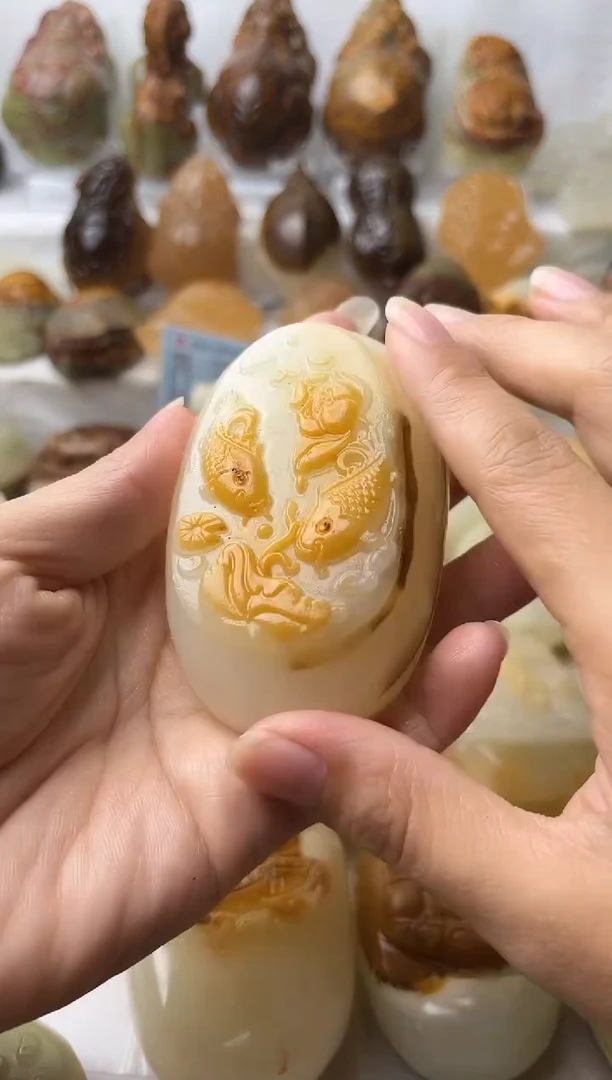 石材方解石手把摆件不退换荷花鱼