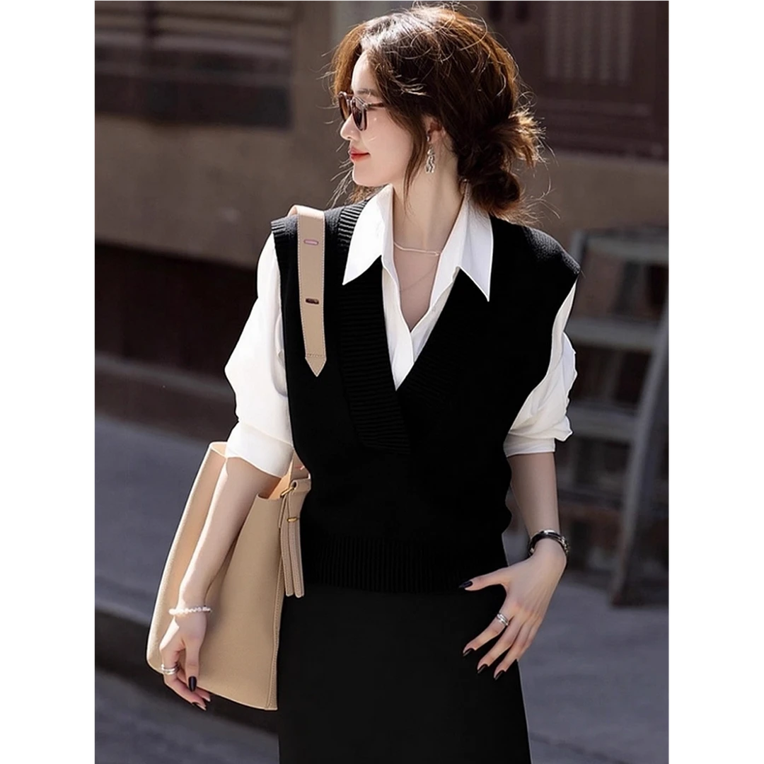 韩系气质通勤高级感黑色假两件针织衫女2025年早秋巨好看轻熟上衣