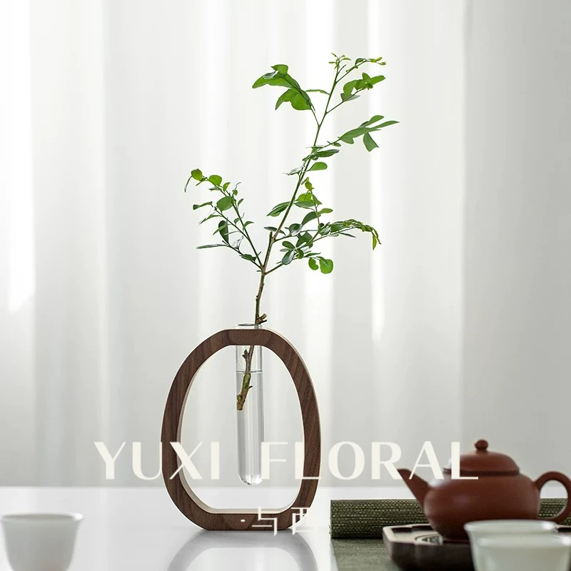 YUXI/与西花器胡桃木中式实木插花花瓶桌面玻璃轻奢迷你水培花器