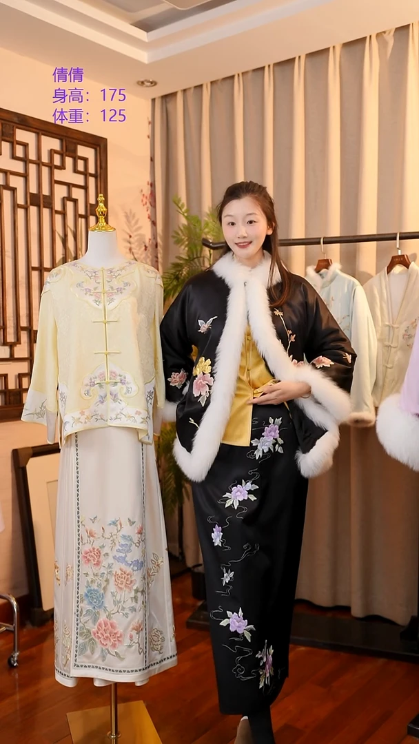 刺绣黑色牡丹棉裙  桑蚕丝非遗苏绣服饰