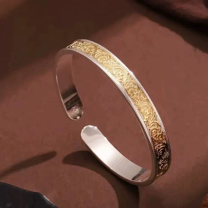 足银手镯 50号-描金凤羽【开口】手镯