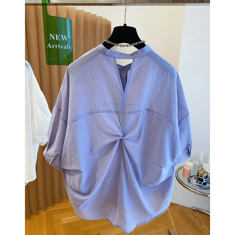 设计感小众后背镂空衬衫女短袖2025夏季新款宽松扭结亚麻棉麻上衣