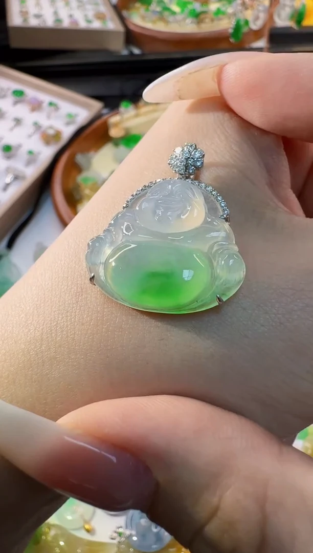 翡翠18K金镶嵌吊坠(不含链)天然缅甸A货翡翠