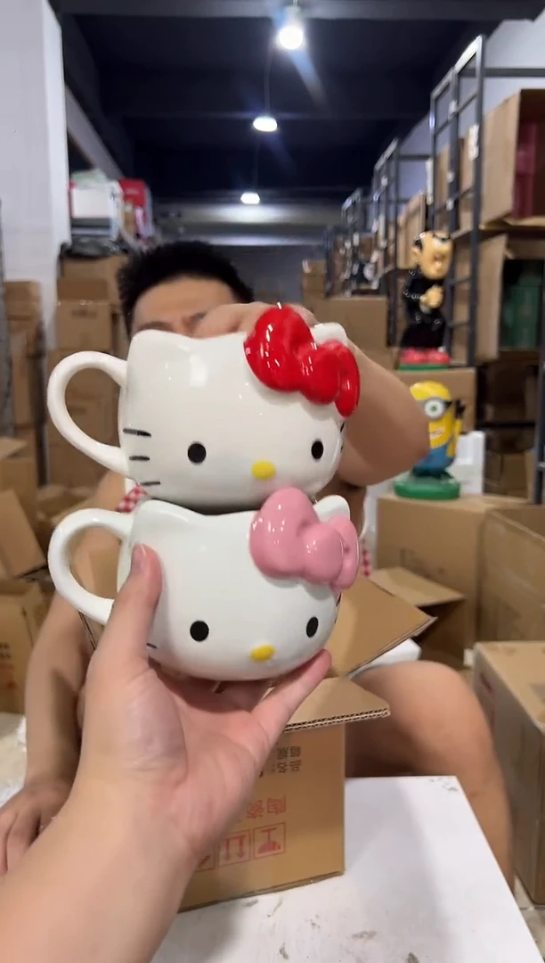 瓷片红色加粉色蝴蝶结kt头杯2件套微瑕