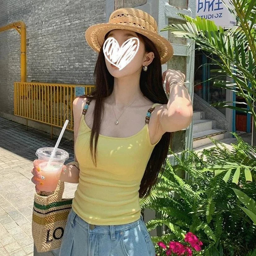 夏季新款吊带背心女2025外穿猫眼石珠串带胸垫一体式上衣8674