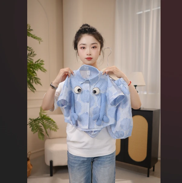 2025夏新款儿童休闲韩版宽松可爱卡通大眼萌仔立体玩偶短袖24907