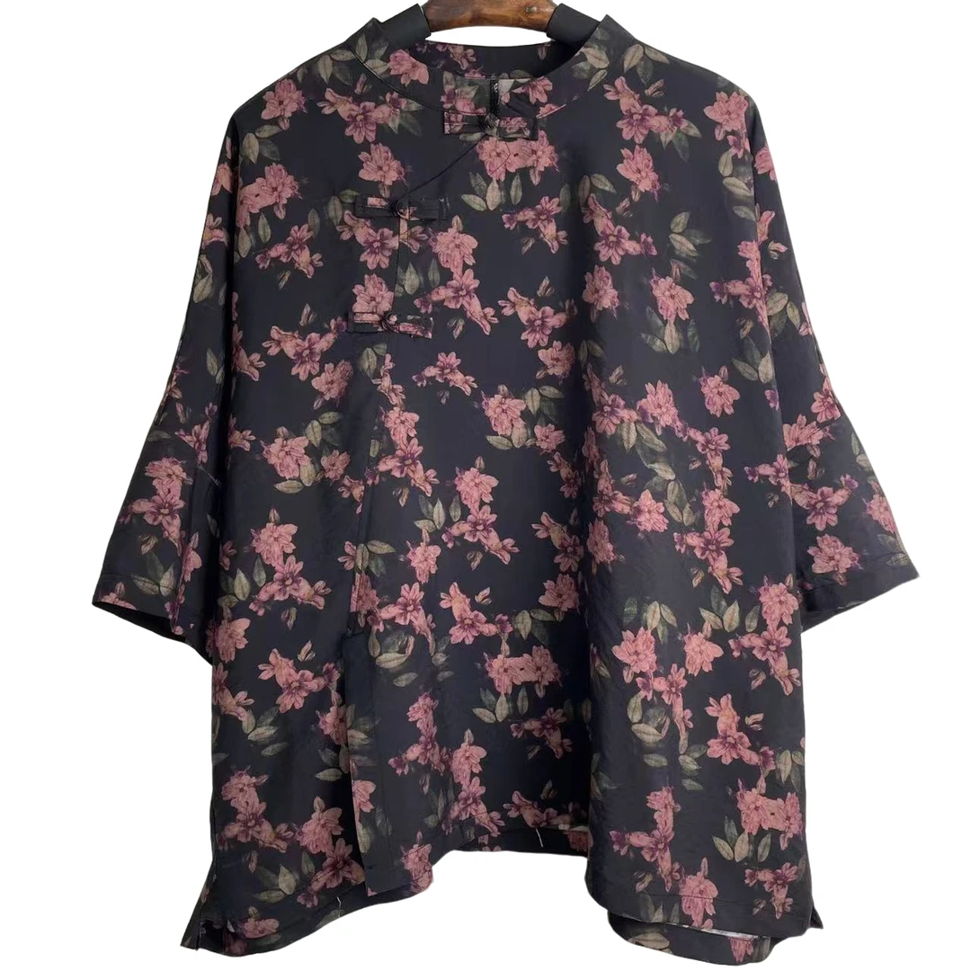 恬小霓（玲玲姐精选）390/黑底/粉紫花/盘扣/上衣/复古/个性/