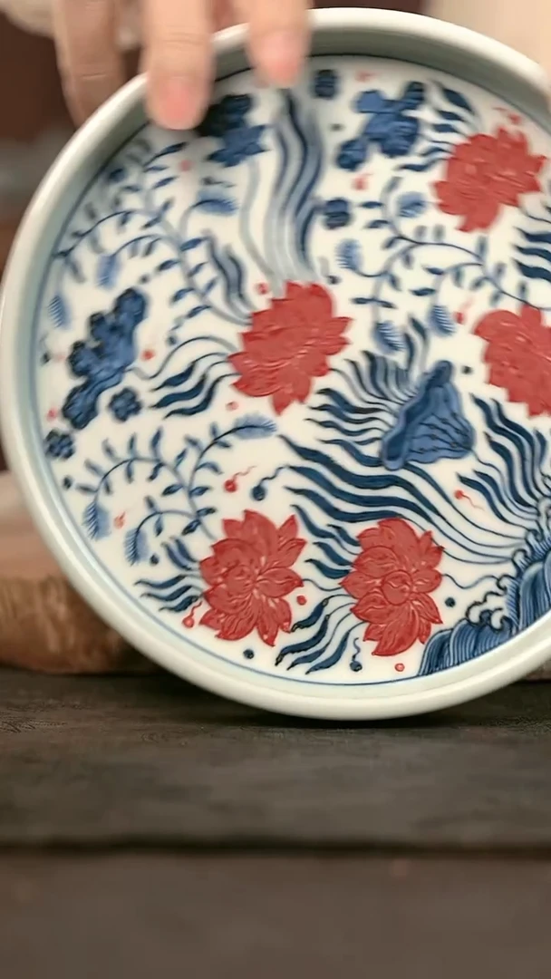 手绘高温现代瓷  气窑 荷花荷叶直边壶承17.5cm