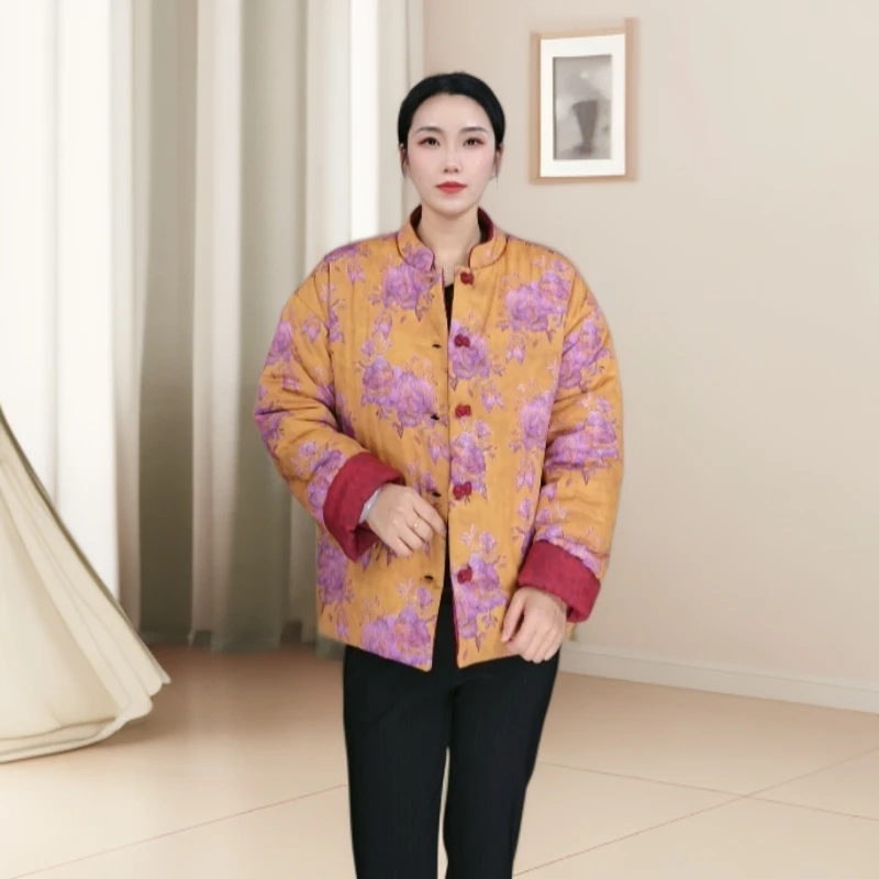 11880-新中式双面穿复古文艺风盘扣棉衣冬新款棉服妈妈装 依恋秀