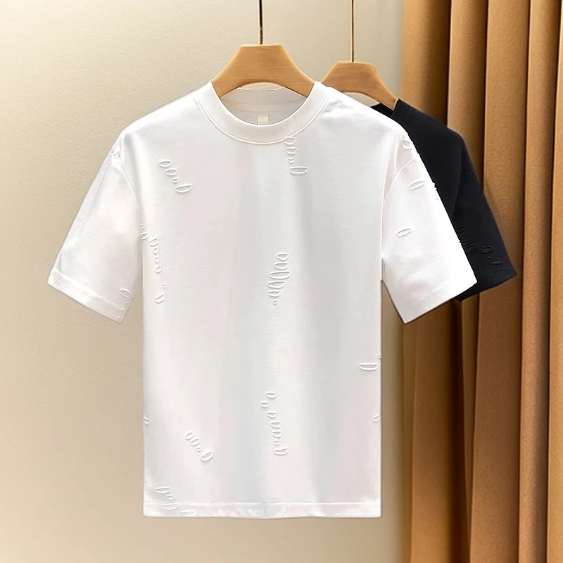 维比萨玻破洞短袖男装潮牌个性圆领半袖夏季新款男士体恤衫潮流