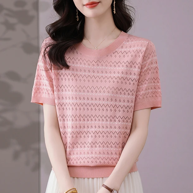 【天丝】洋气镂空圆领小衫2025新款夏薄款爆款短袖女宽松显瘦妈妈装