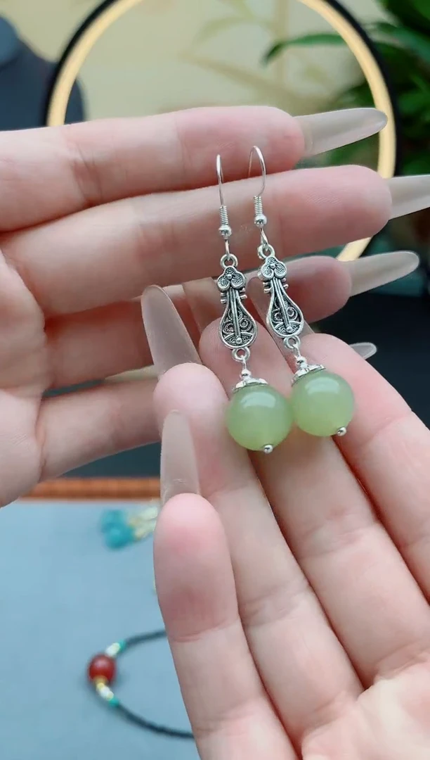 东陵石银S925镶嵌耳饰6233