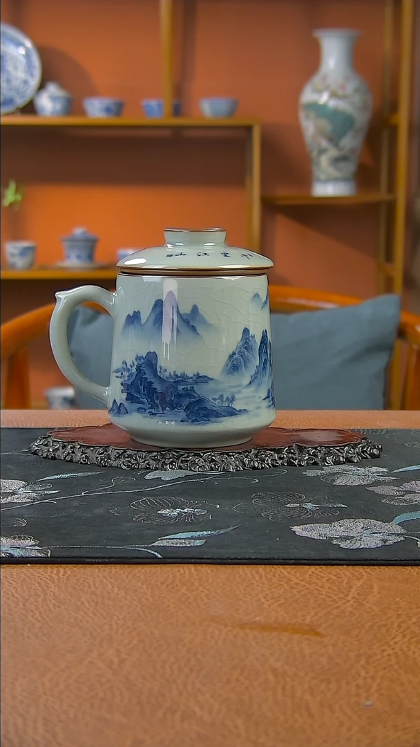 开**快景德镇手工青花千里江山办公杯