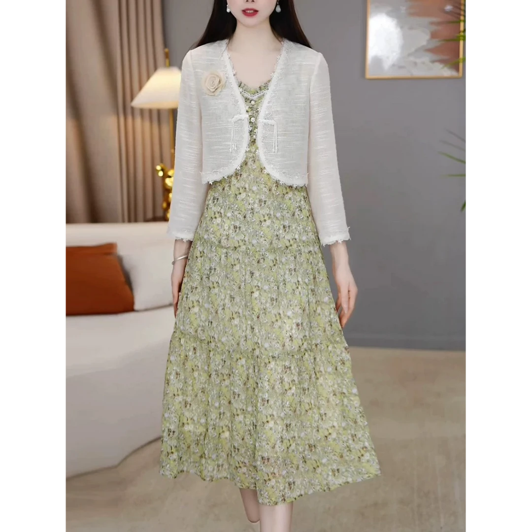 春夏季新款高档两件套连衣裙女开衫V领碎花文艺复古裙子D3058