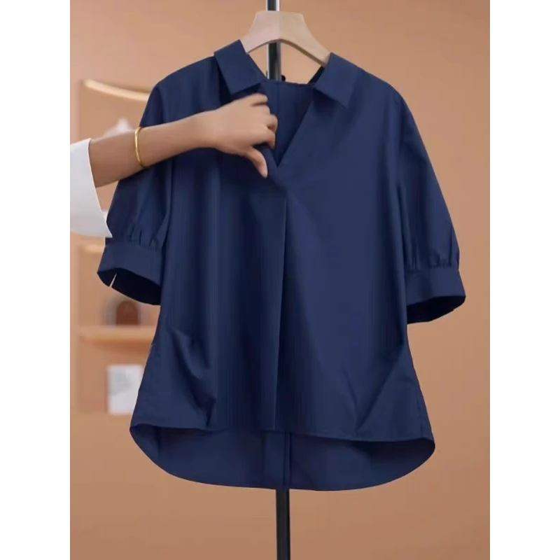 藏青色抗皱短袖衬衫女夏季2025新款时尚别致翻领衬衣宽松百搭上衣