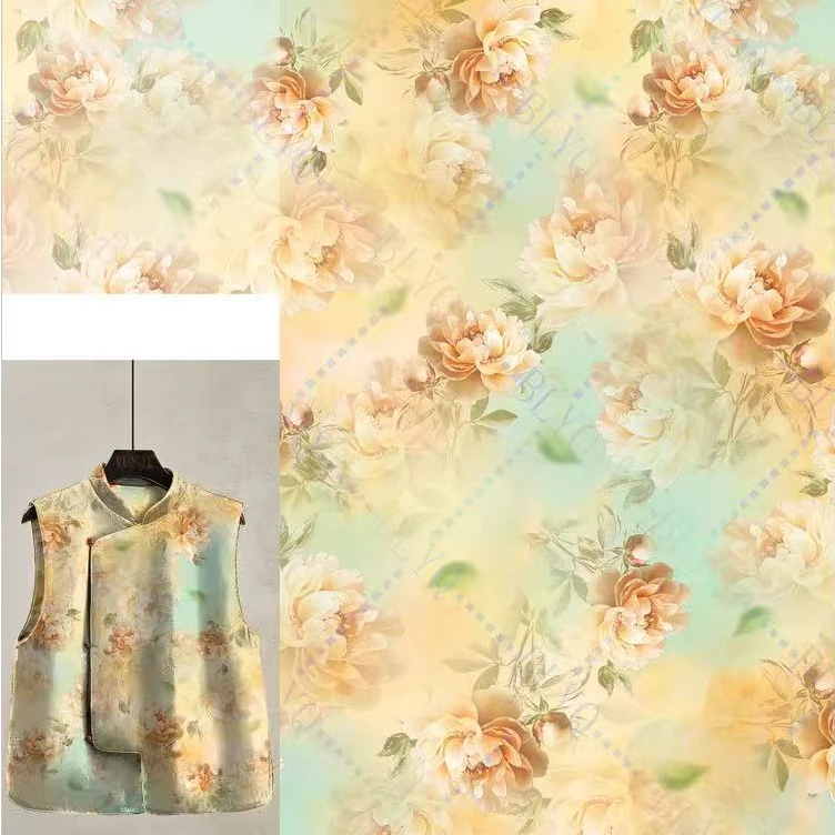 【黄色晕染玫瑰】100真丝香云纱  140幅宽