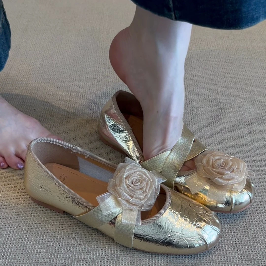 羊皮版~法式复古山茶花朵单鞋女2025春新款仙女风百搭交叉松紧带