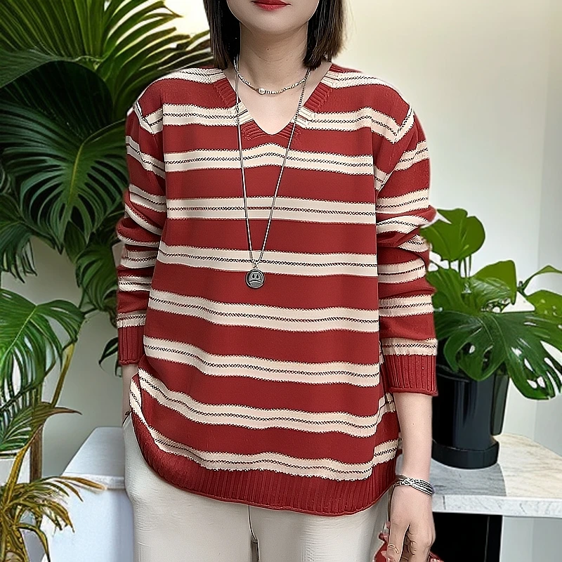 2025春节新款条纹长袖针织衫宽松休闲百搭大码显瘦时尚套头打底衫