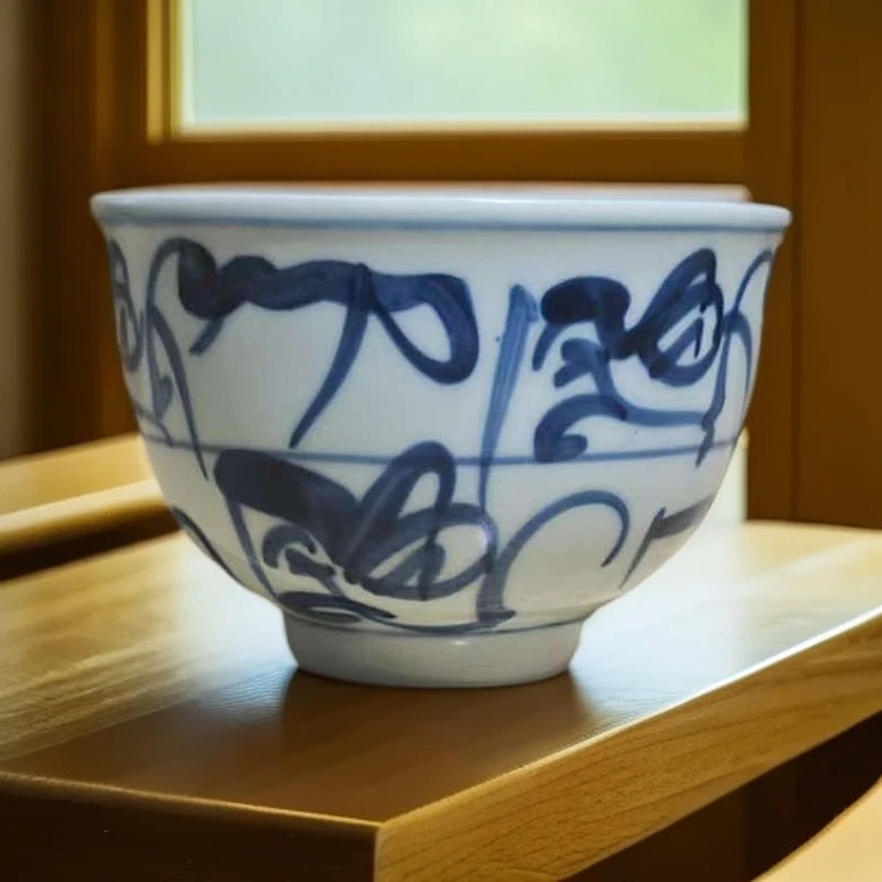 景德镇陶瓷复古釉下彩青花仿柴窑刀字纹手工茶花纹手绘大号主人杯