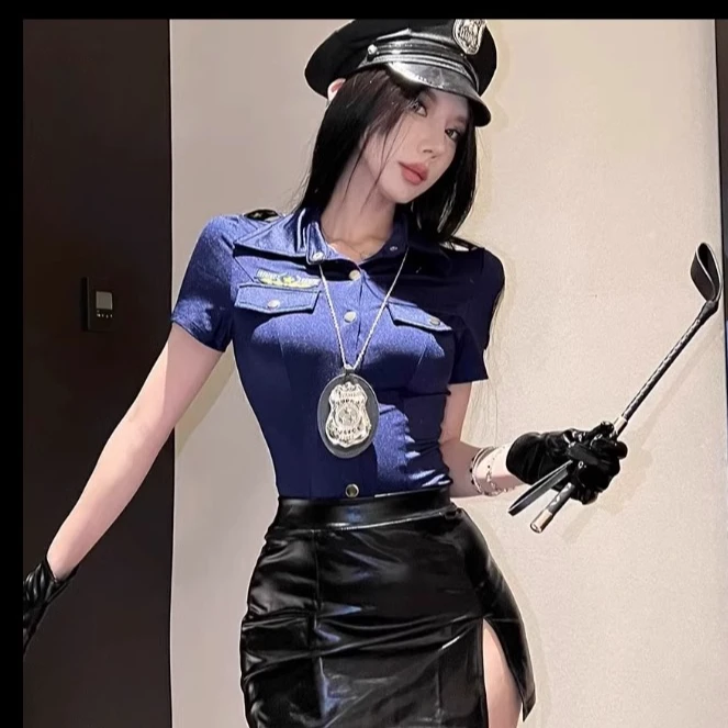 御姐风性感辣妹cos女警制服新款纯欲诱惑漆皮包臀短裙