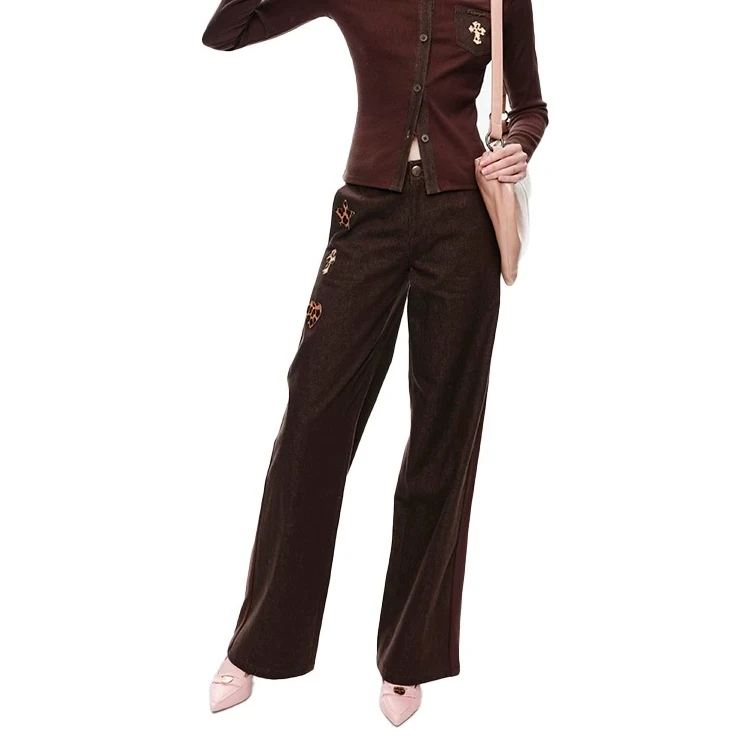 【奥体自播】棕色斑马纹拼贴牛仔裤