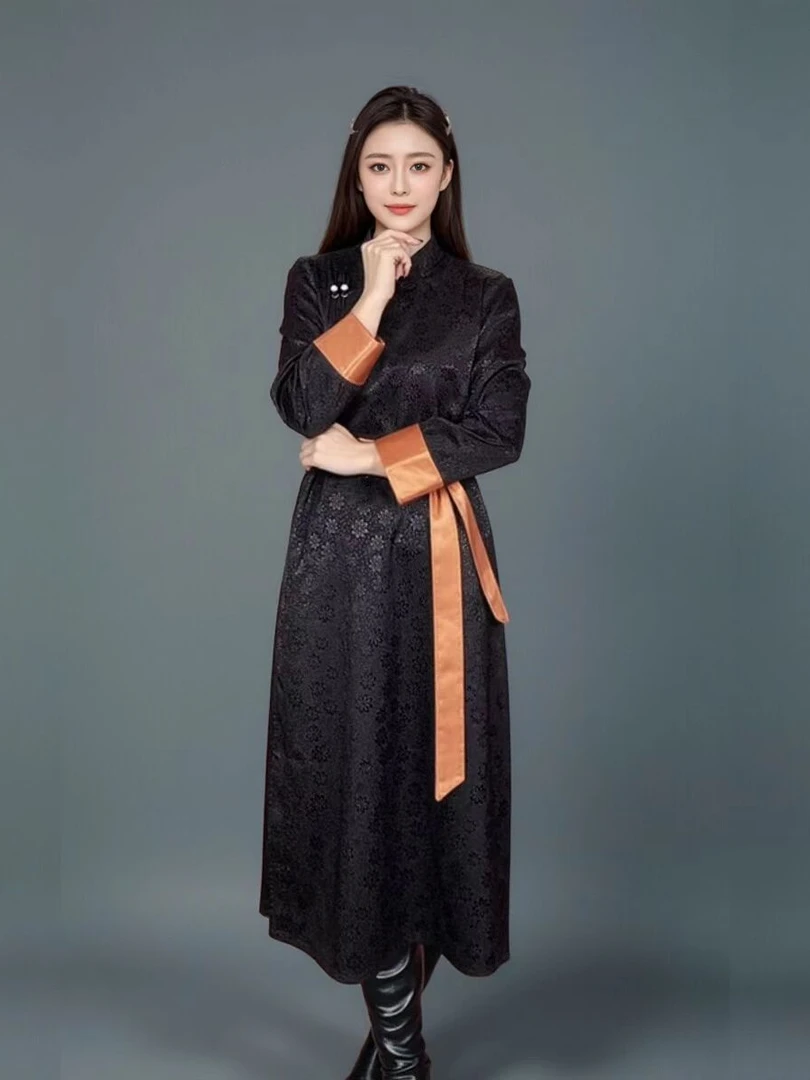 蒙古服饰长袍气质长款斜肩新中式时尚连衣裙女士复古