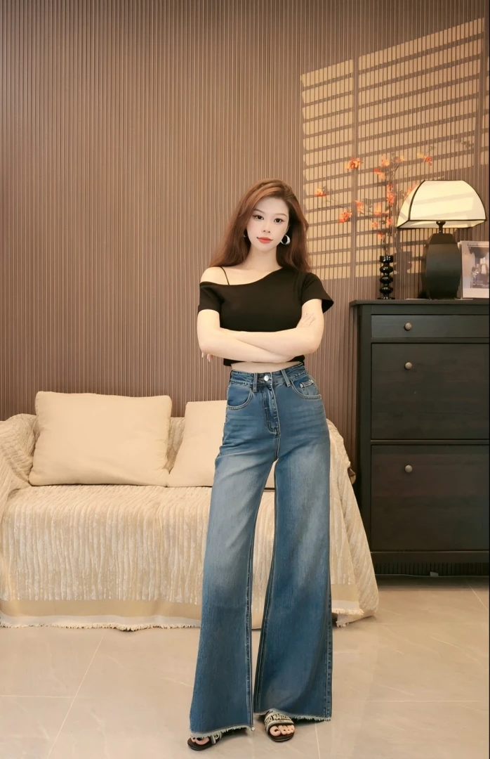 夏季新款直筒收腰高腰牛仔裤气质修身68733