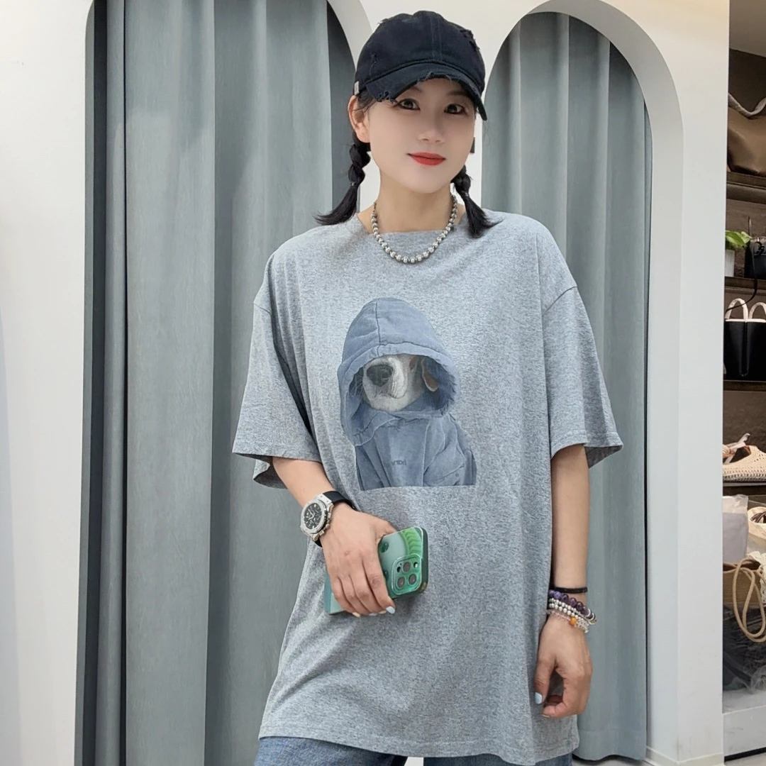 【摩姐姐欧韩】106春夏款百搭宽松无感印花圆领短袖T恤