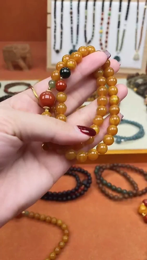 手链蜜蜡未镶嵌双圈蜜蜡和田南红手串