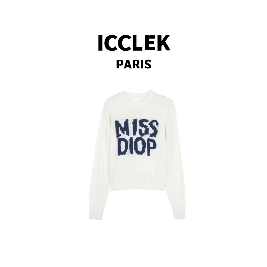 ICCLEK 字母刺绣白色圆领长袖毛衣-3049
