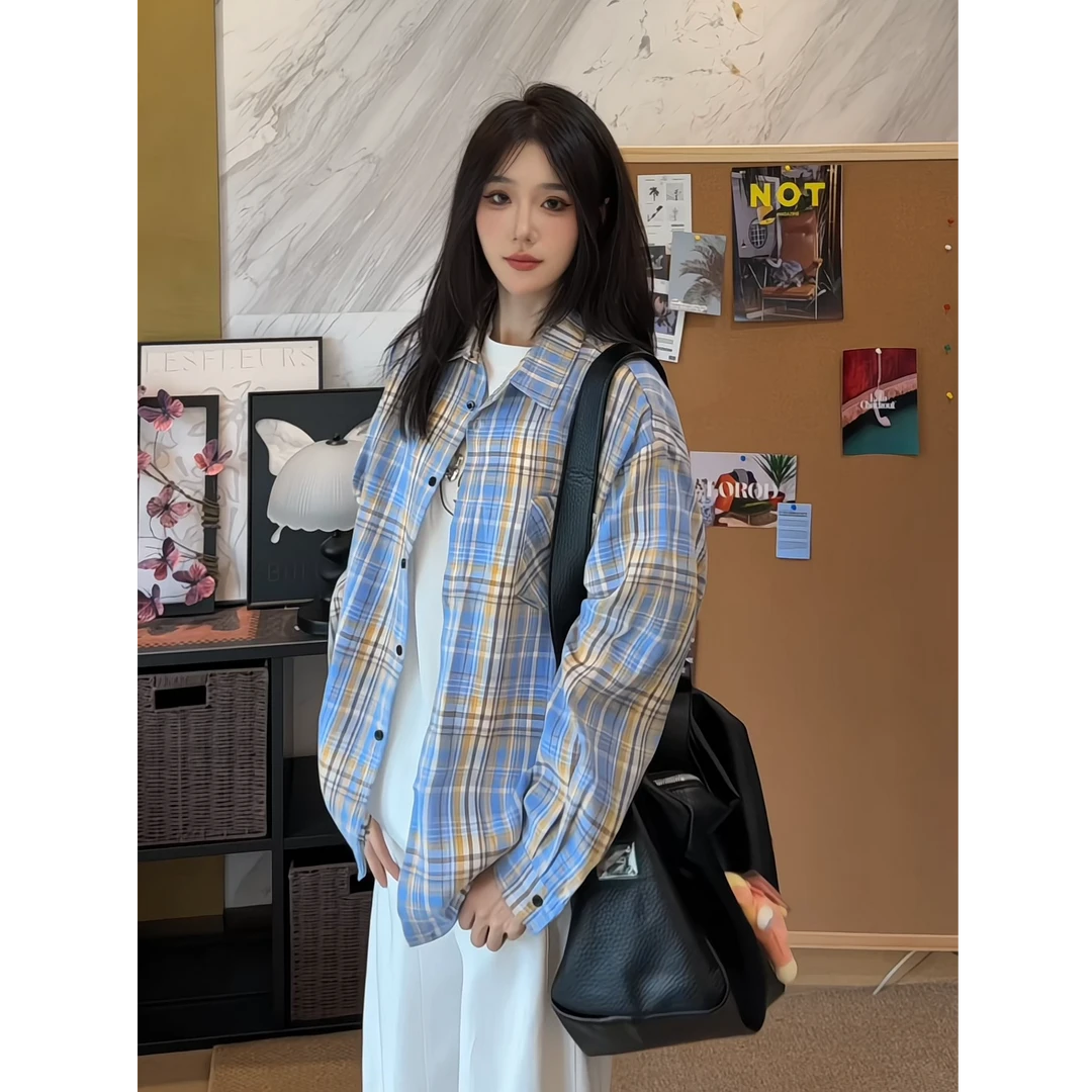 美式复古蓝色格子衬衫男秋季高级感痞帅长袖衬衣宽松百搭情侣外套