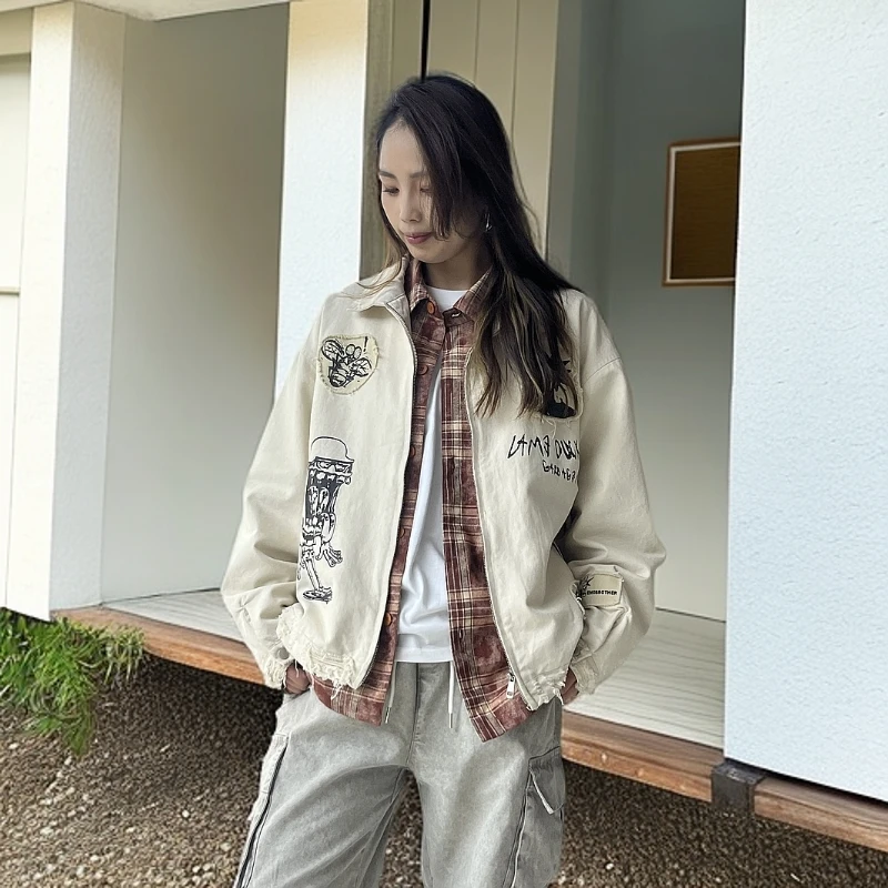 25026春季新款国潮涂鸦印花夹克男女宽松高街时尚百搭外套