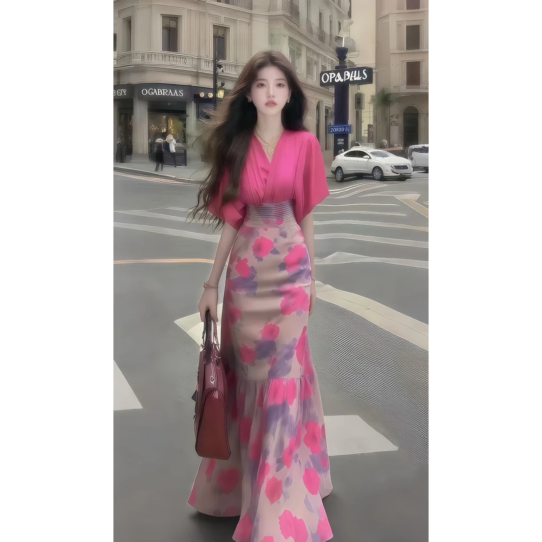 柔纯欲千金风松弛感V领短袖收腰显瘦连衣裙时尚玫红色长裙子女装